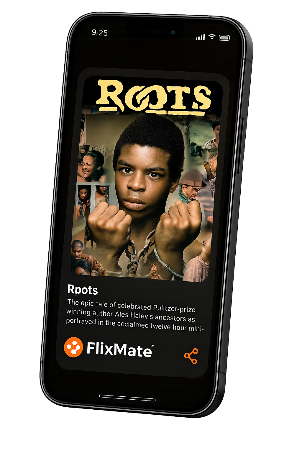 FlixMate Roots 50 share card displayed on a floating iPhone